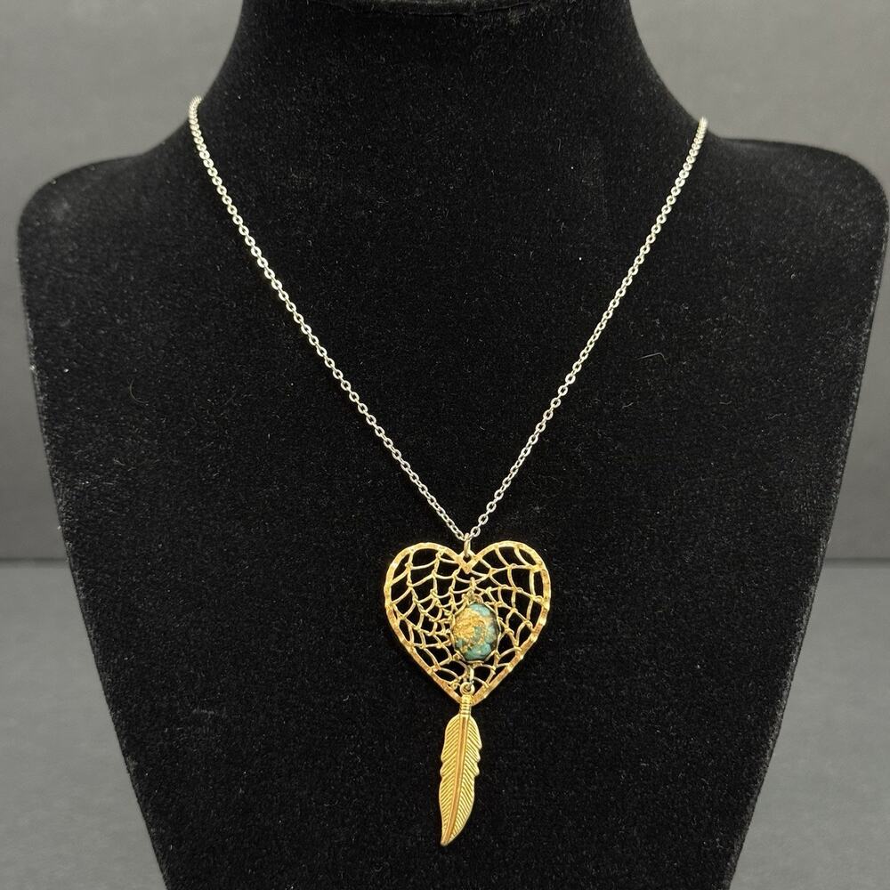 Vintage Gold-Tone Heart Dreamcatcher Turquoise Cabochon Feather Pendant Necklace